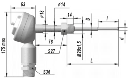 Термопреобразователь ТСМУ 9418-1-250мм-(0...100)°C-(4-20)мА-1,0%